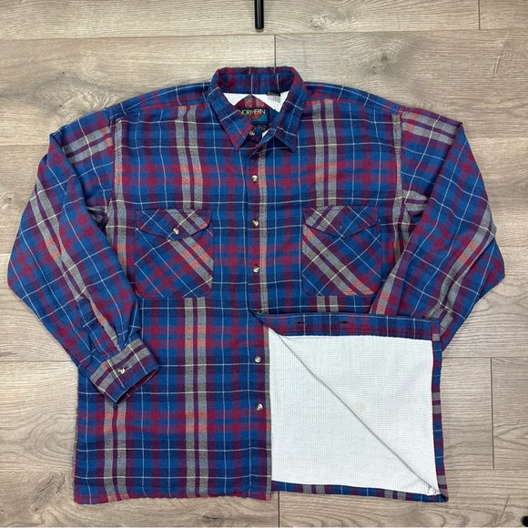 Vintage Northern Spirit Thermal Lined Flannel Blue Red Button Up Men’s Sz Large - Picture 3 of 8